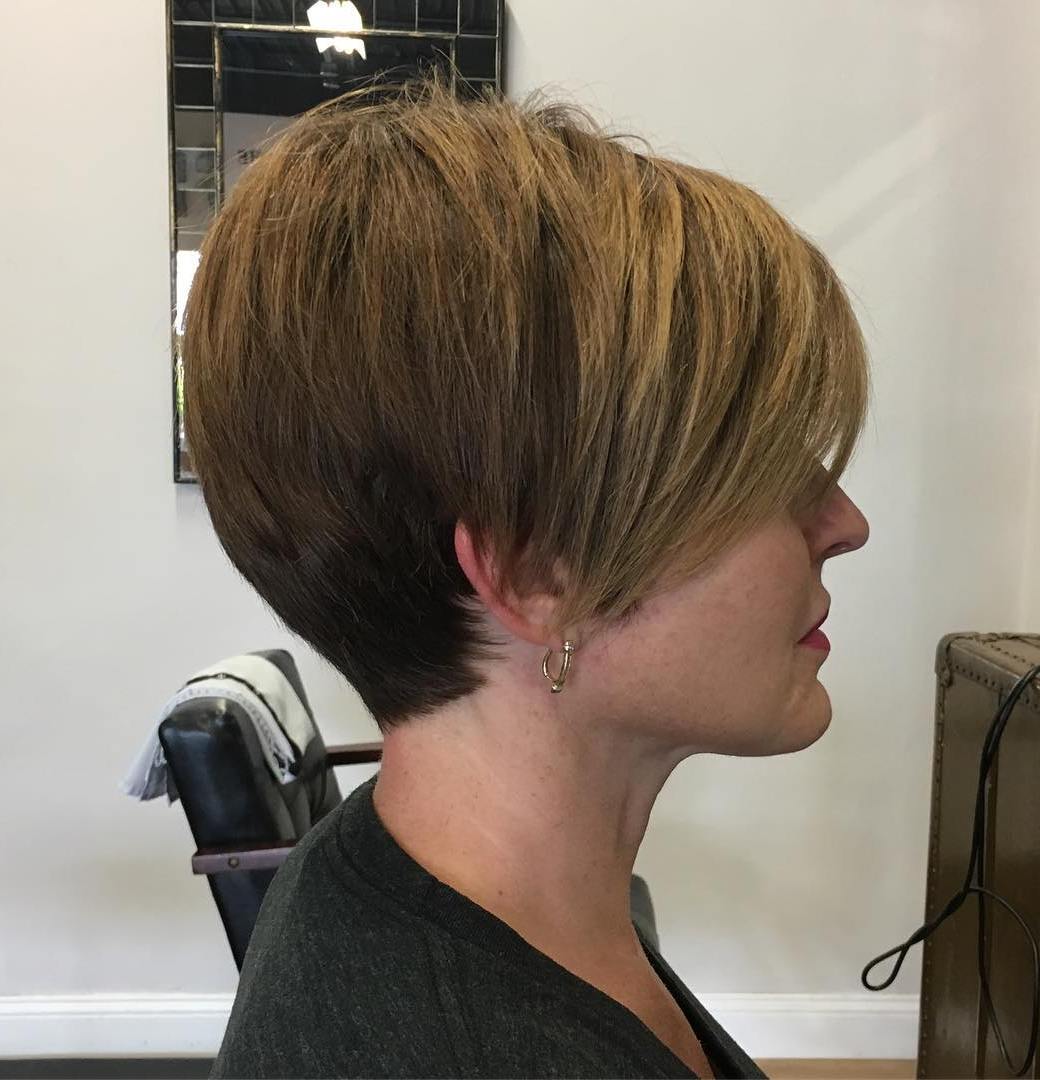 Golden Brown Tapered Layered Pixie with Long Bangs
