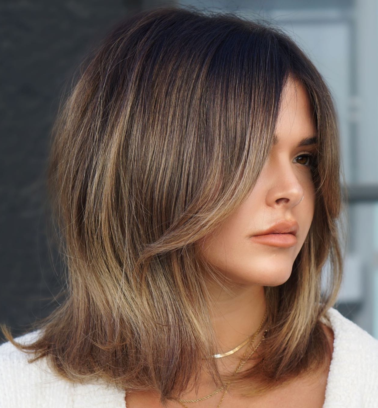 Long Bronde Bob with Bangs