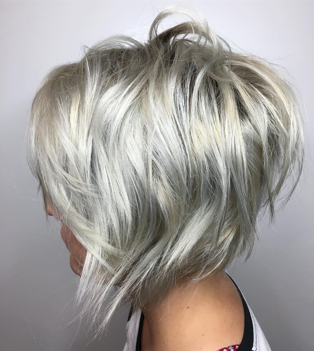 Inverted Layered Silver Shaggy Bob