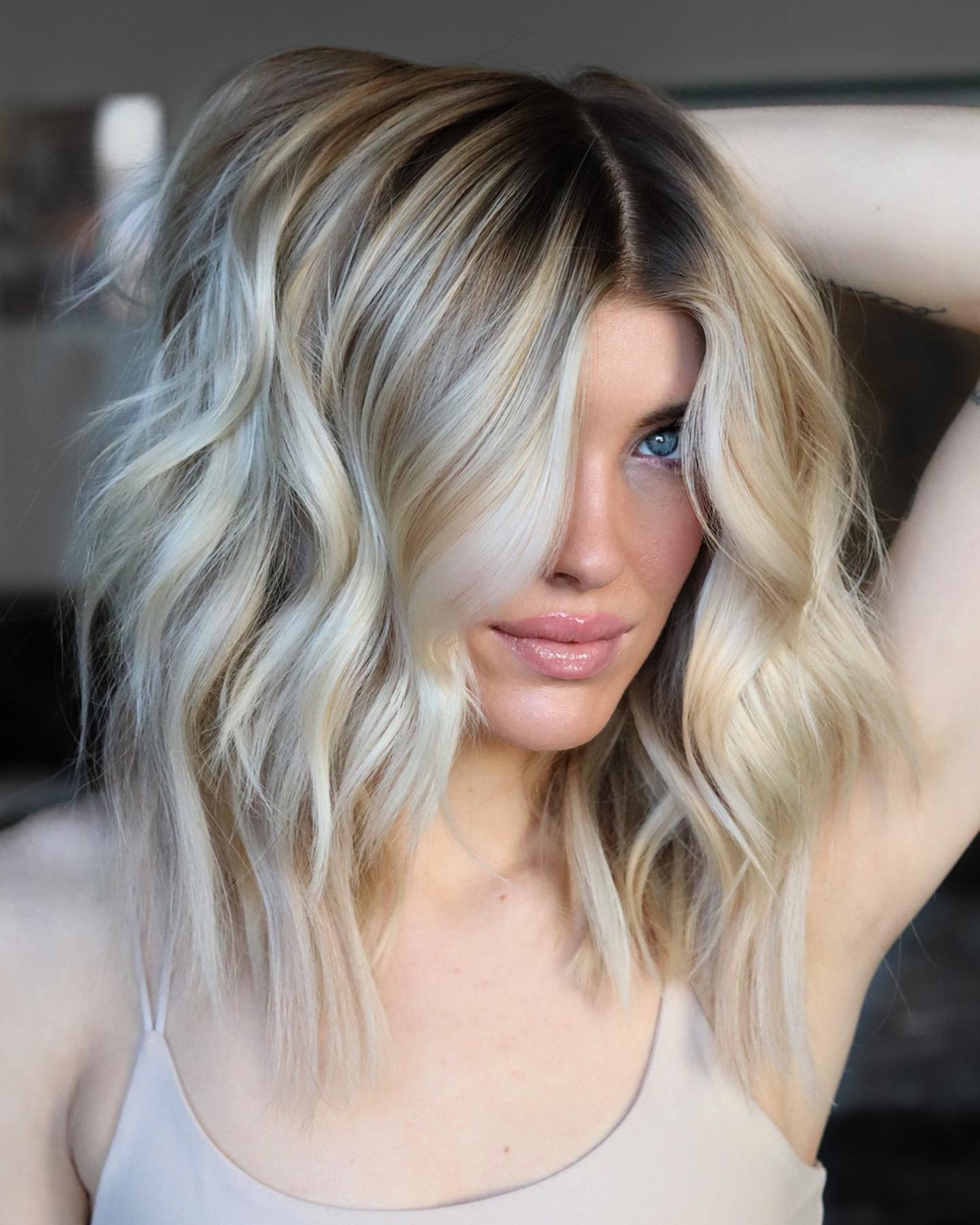 Blonde Balayage Lob with a Middle Part