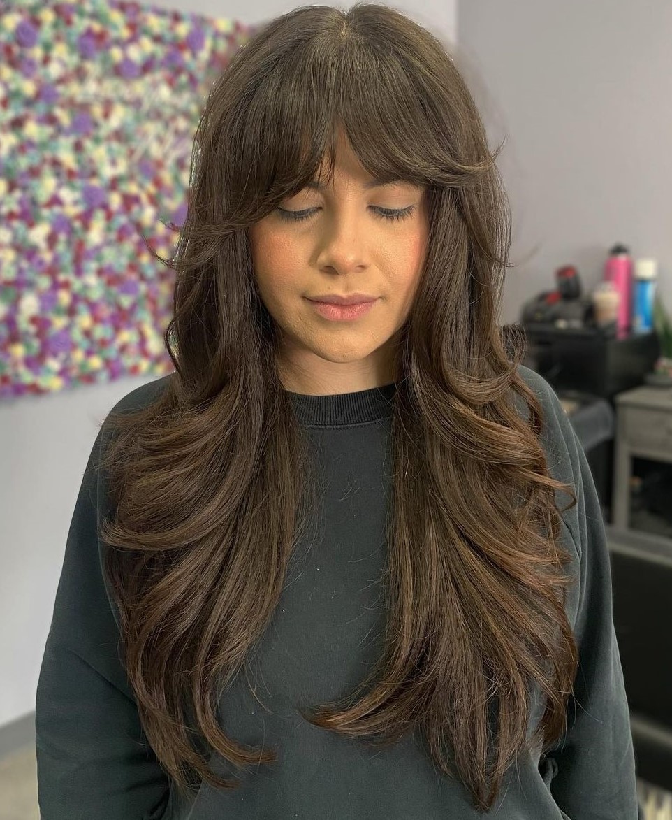 Long Layered Haircut with Bardot Bangs