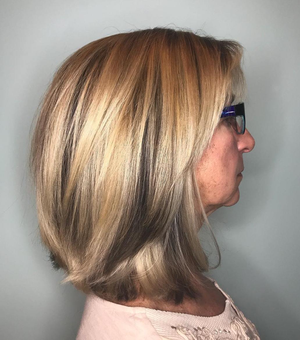 Honey Blonde Long Bob with Lowlights and Bangs