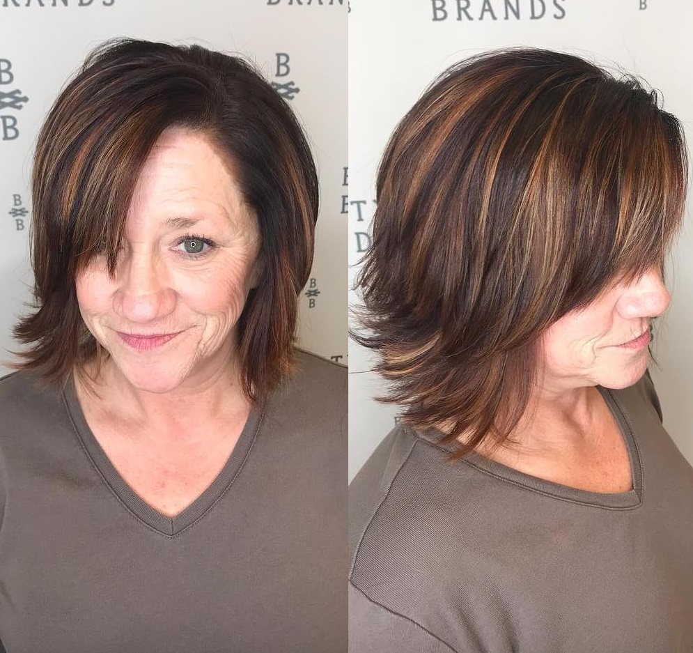 Feathered Highlighted Brown Bob with Side Fringe