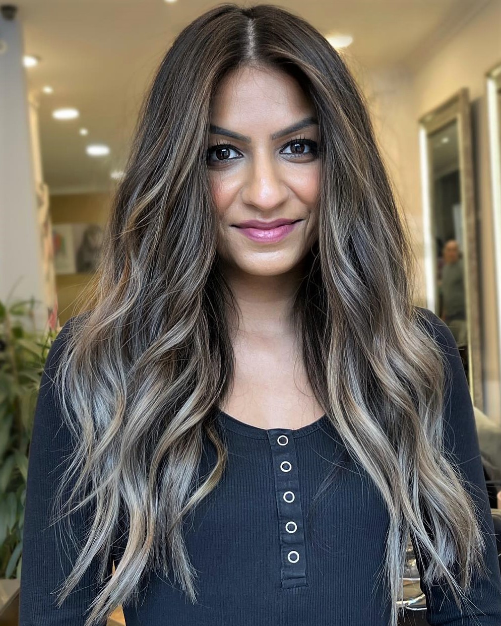 Gray Highlights in Warm Brown Hair