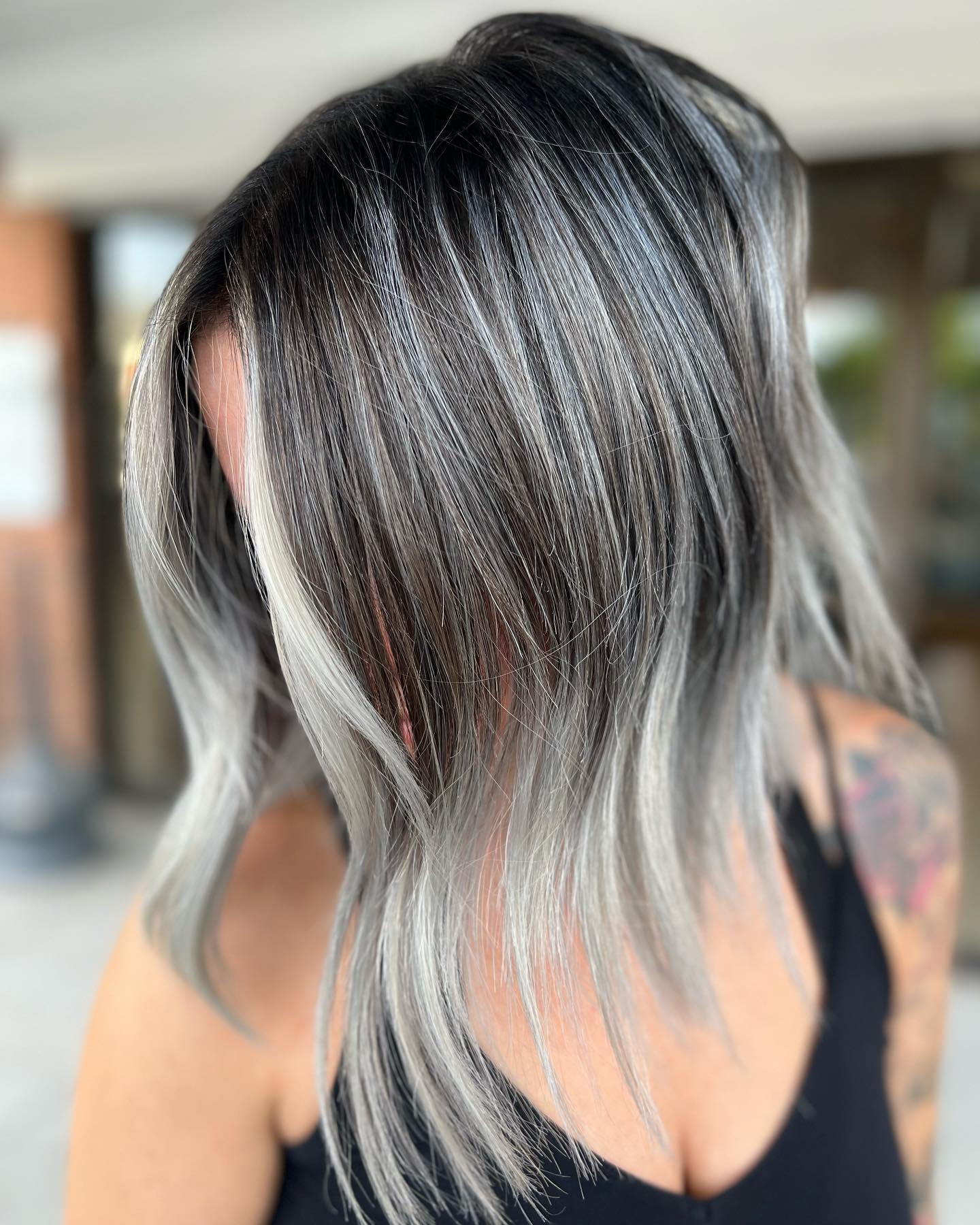 Dark Brown Lob with Silver Highlights