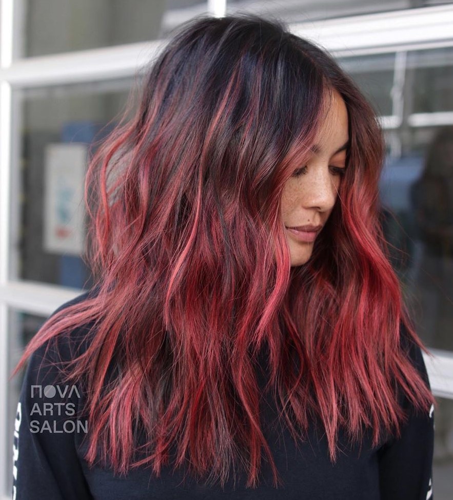 Raspberry Balayage for Dark Hair
