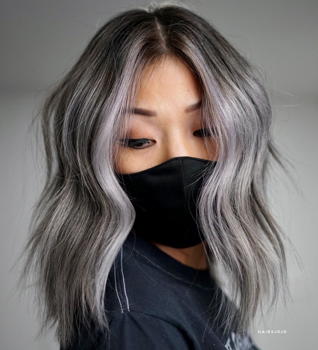 Flowy Dark Lob with Gray Highlights