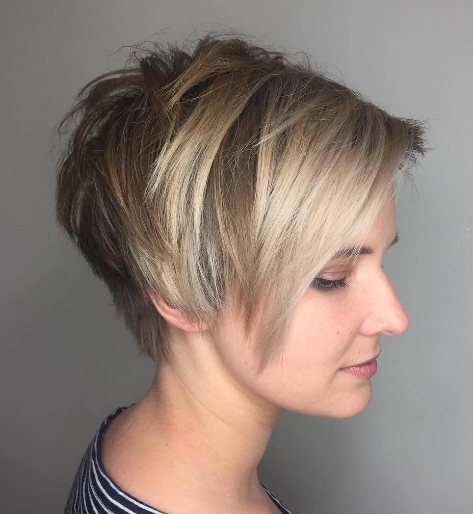 Layered Brown Pixie with Ash Blonde Bangs