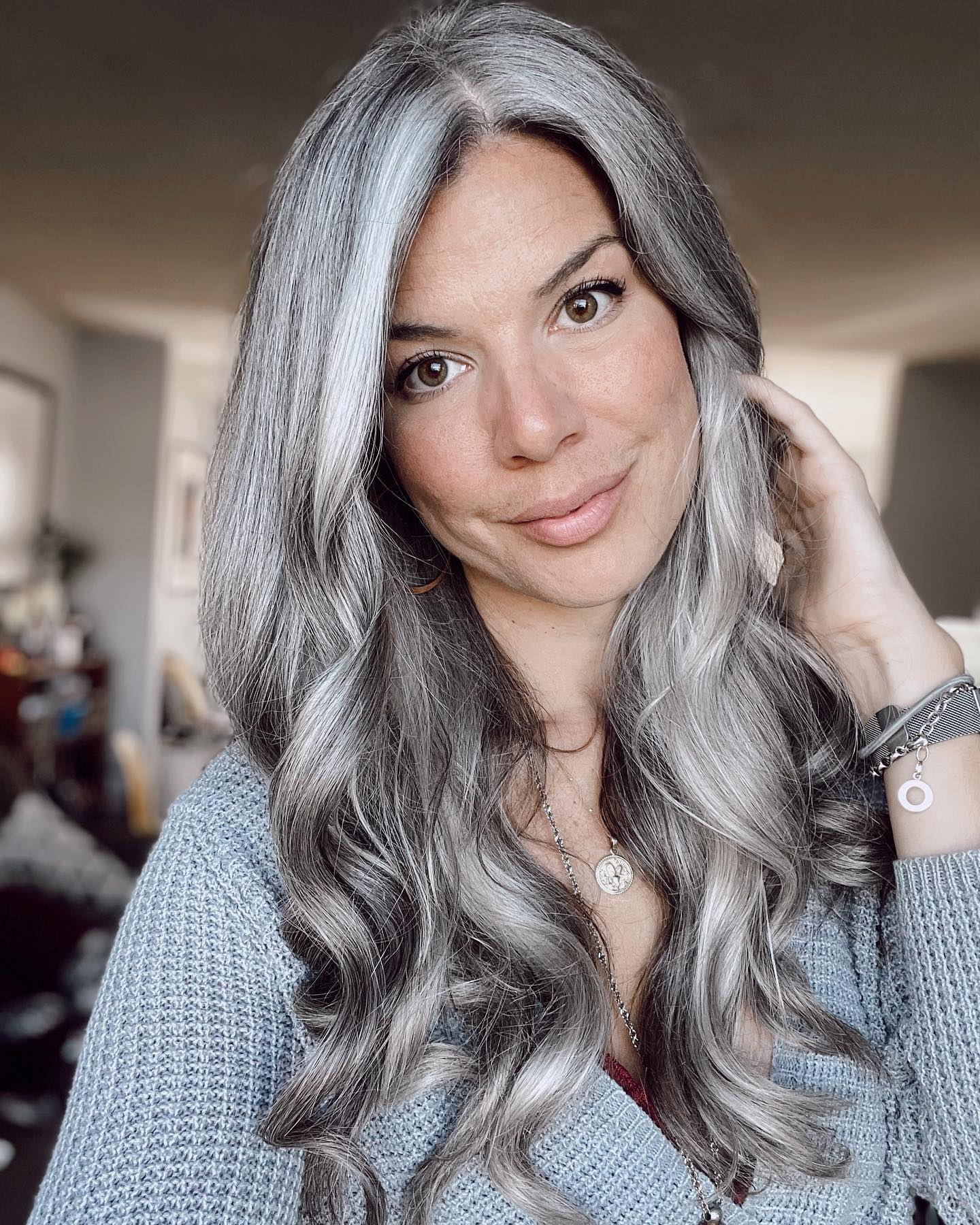 Shiny Gray Hair with Black Lowlights