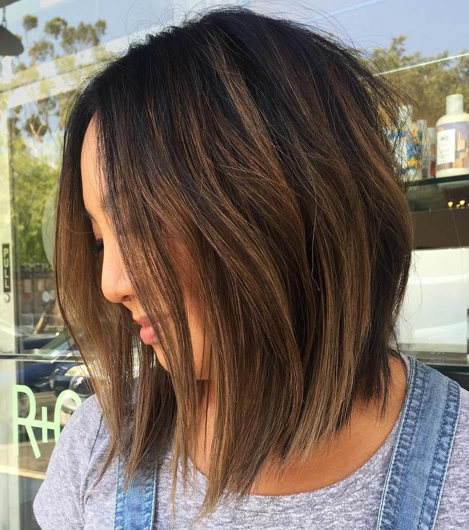Long Brunette Bob with Caramel Highlights