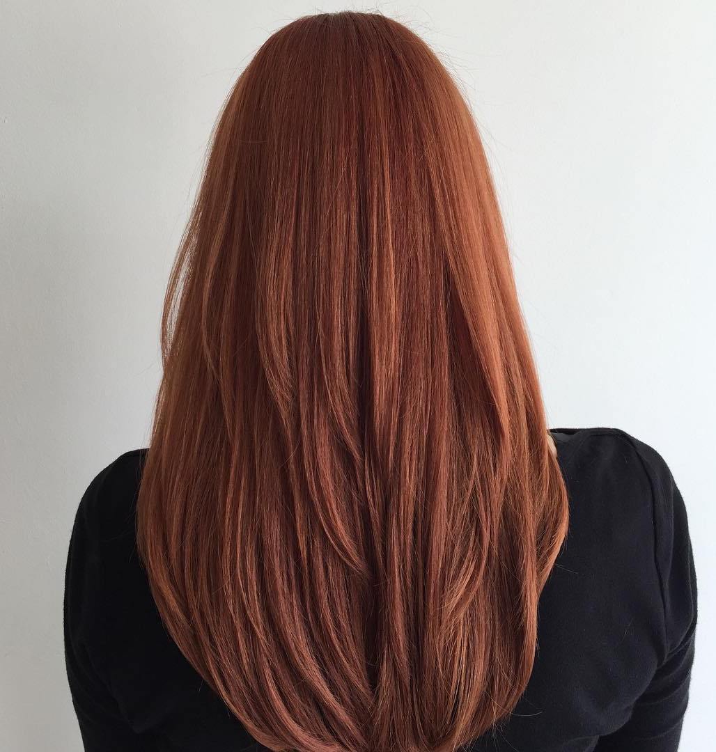 Red V-Cut Hairstyle for Long Straight Hair