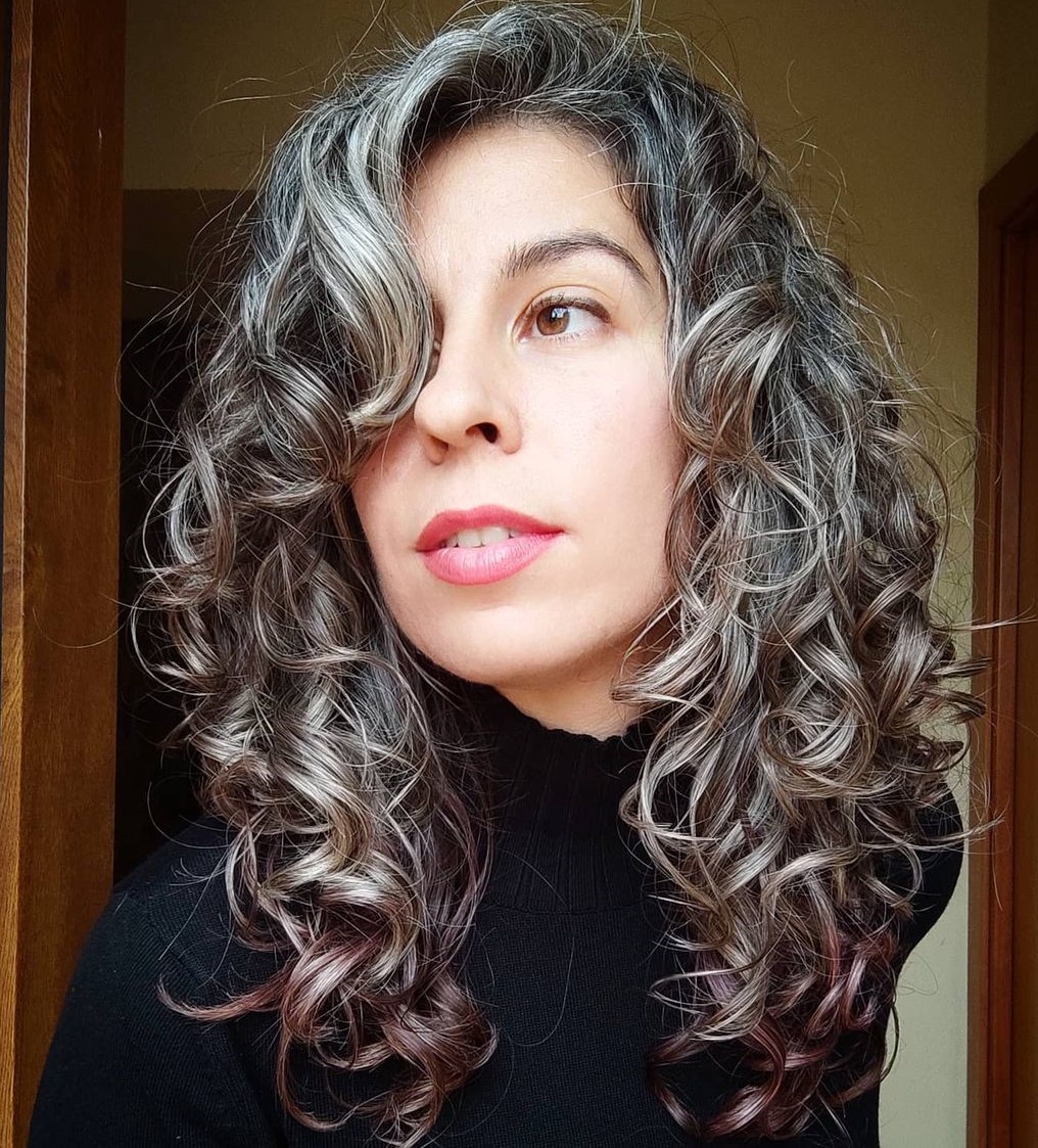 Gray Curly Hair with Brown Lowlights