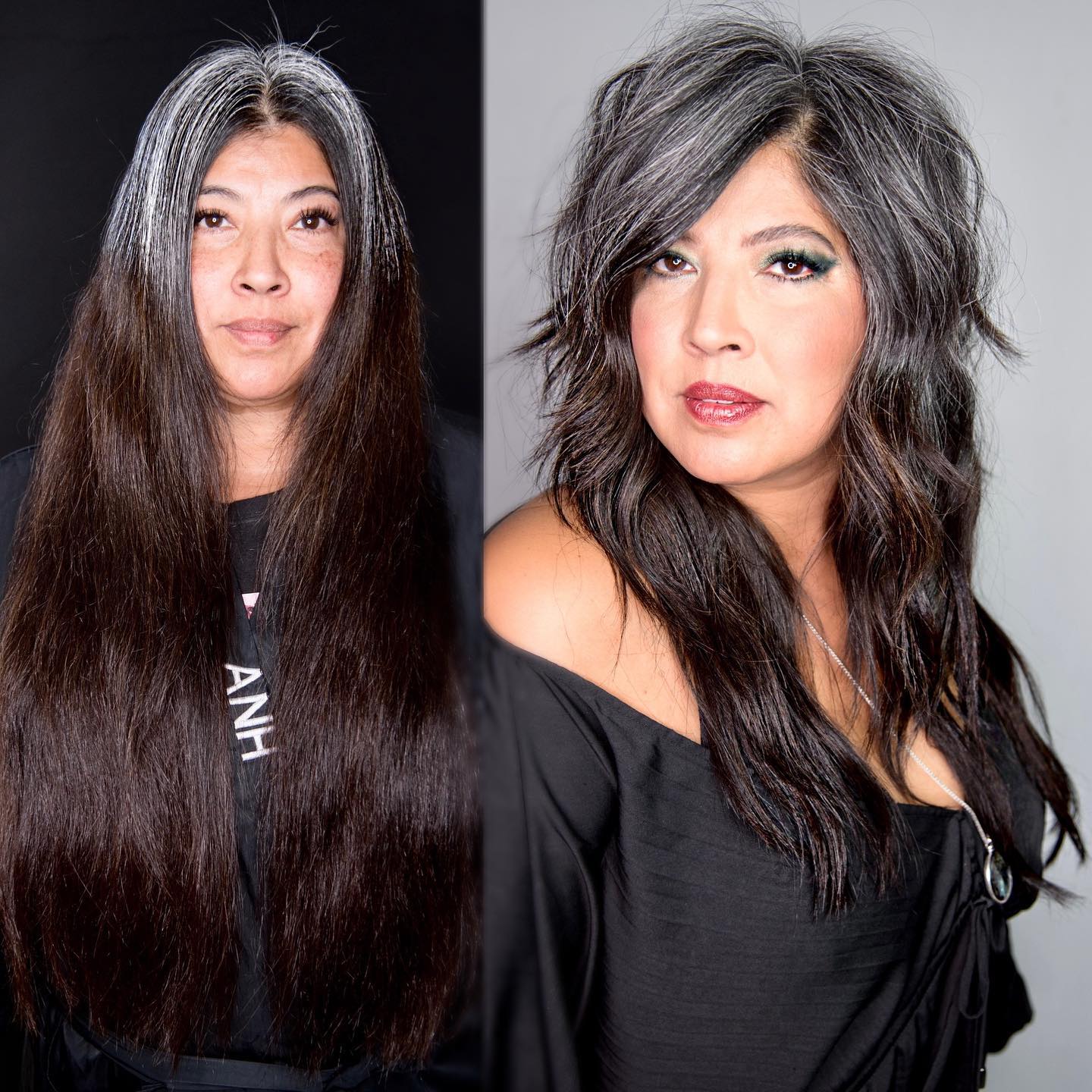 Long Sassy Gray Brown Shaggy Style Before and After