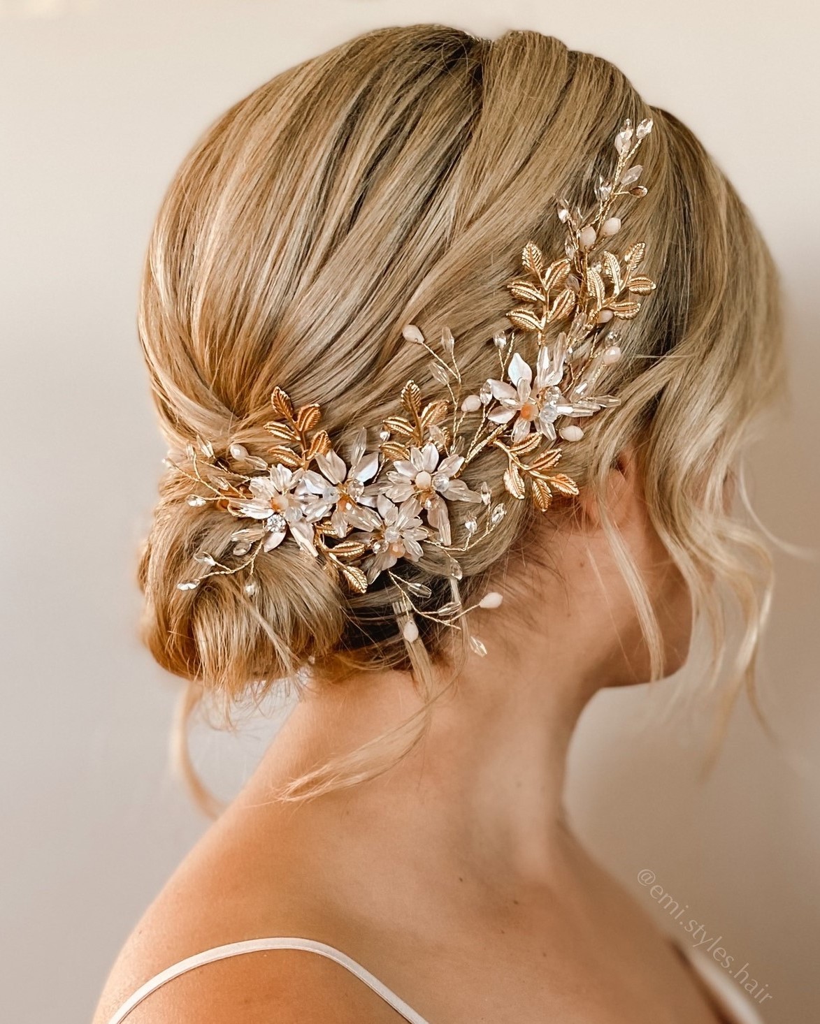 Short Hair Low Wedding Updo with Headpiece