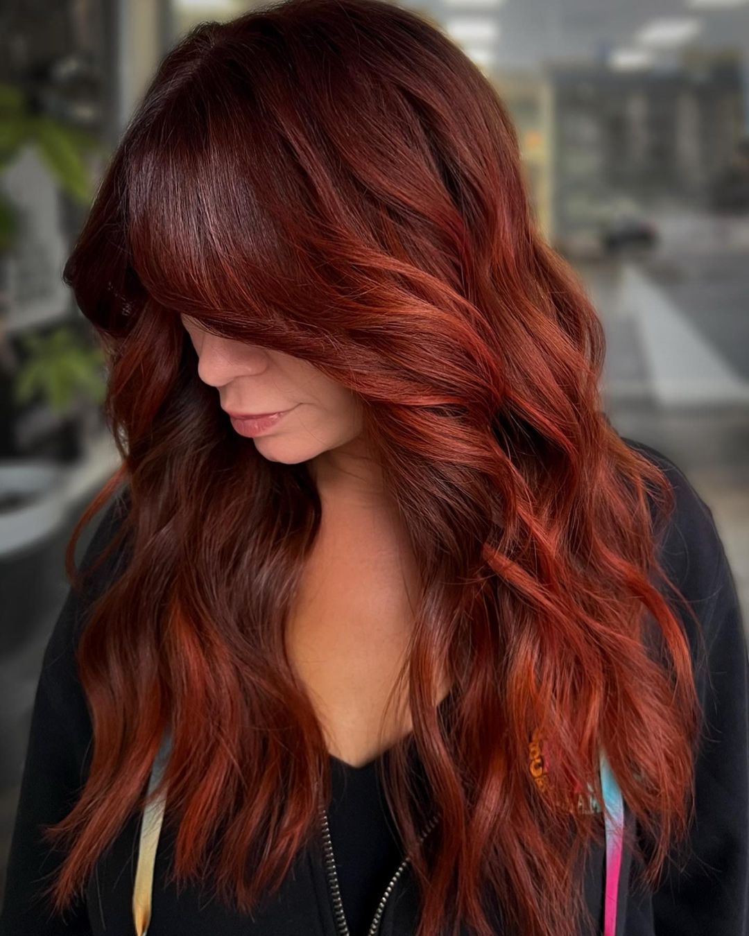 Long Copper Brown Balayage Hairstyle