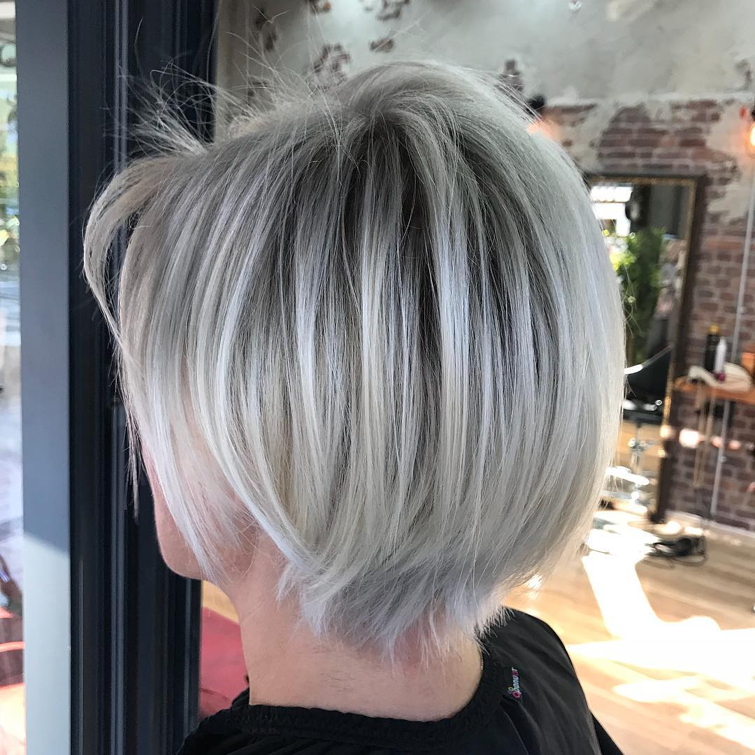Stacked Gray Bob with Dark Roots