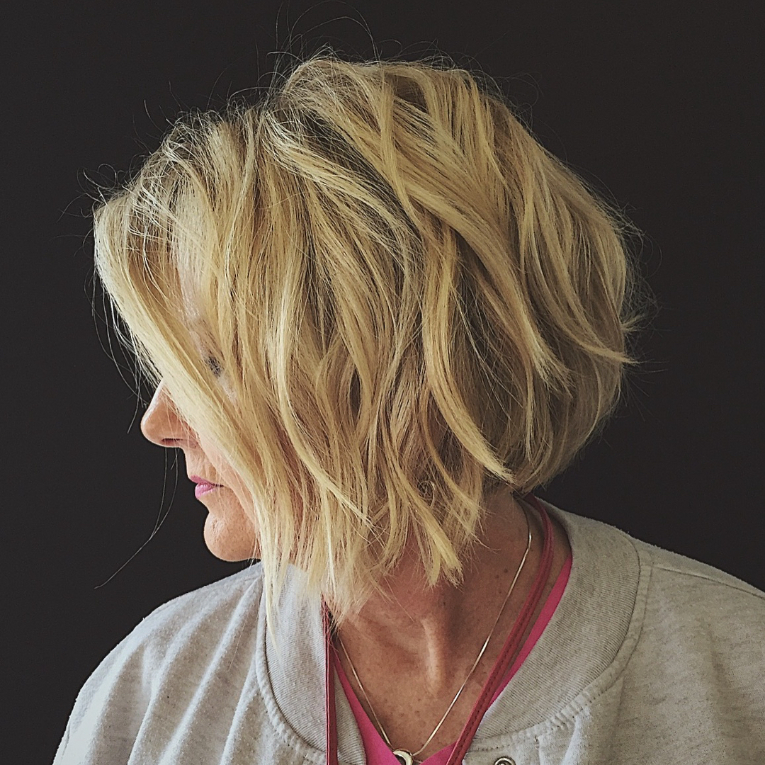 Wavy Angled Blonde Bob over 50