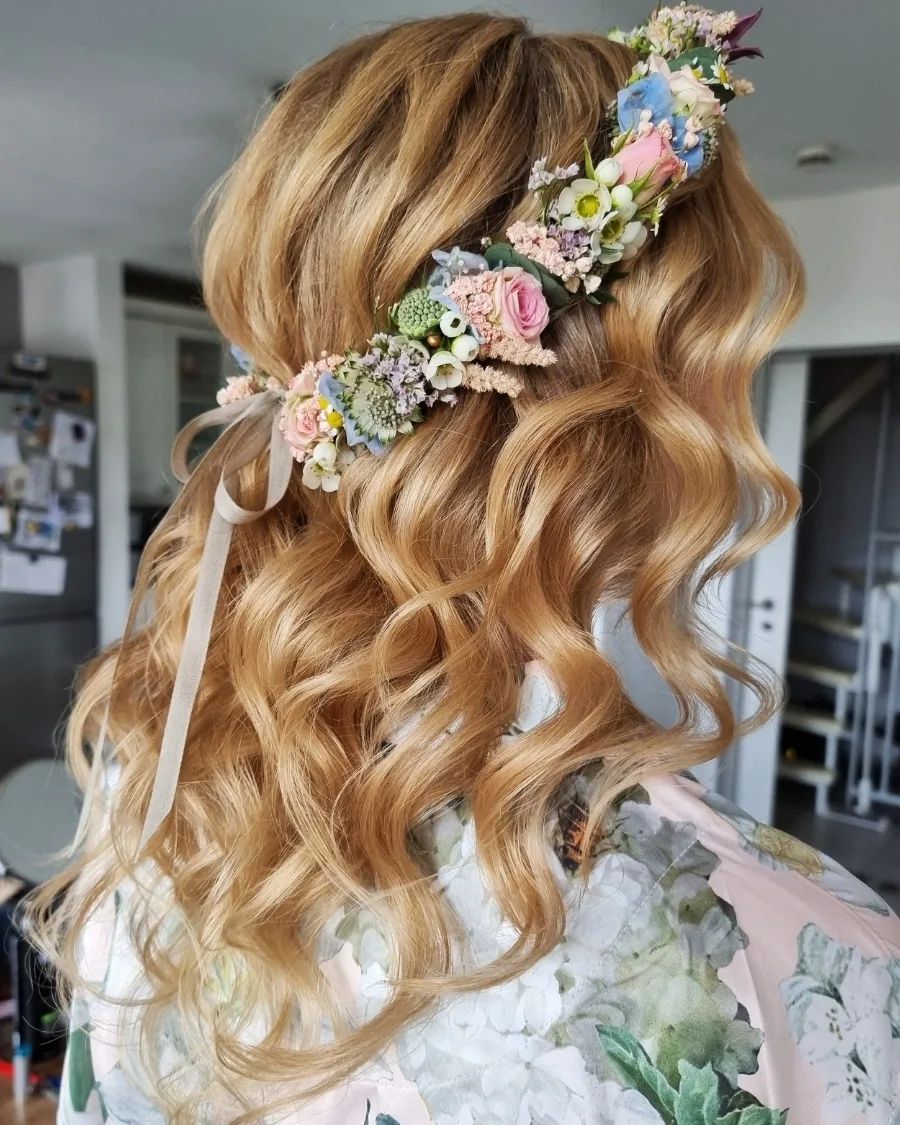 Medium Wavy Hairstyle with a Floral Wreath