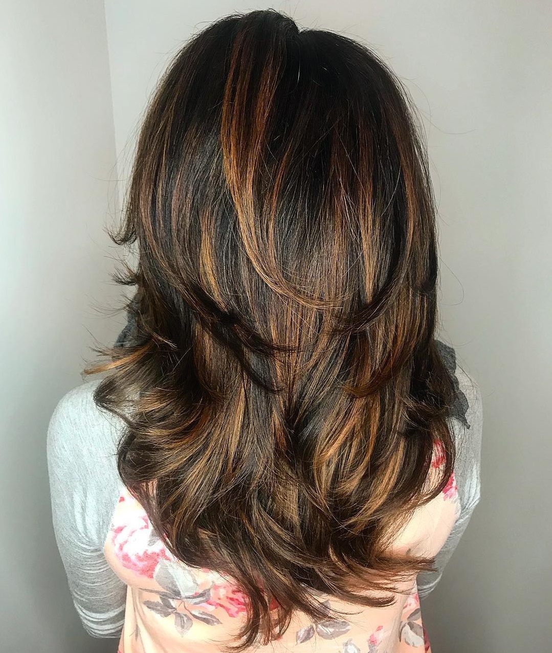 Dark Hair with Layers and Caramel Highlights