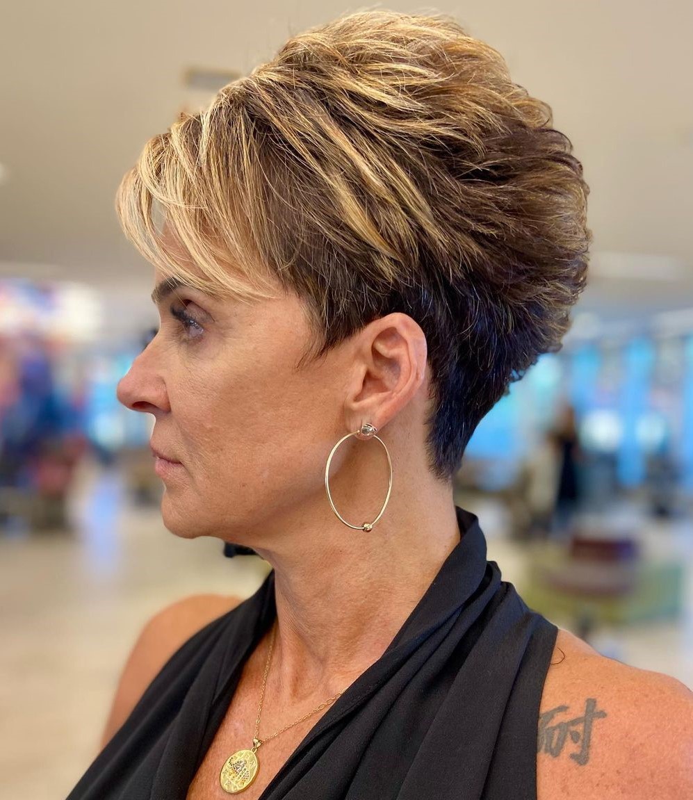 Voluminous Tapered Pixie with Blonde Highlights