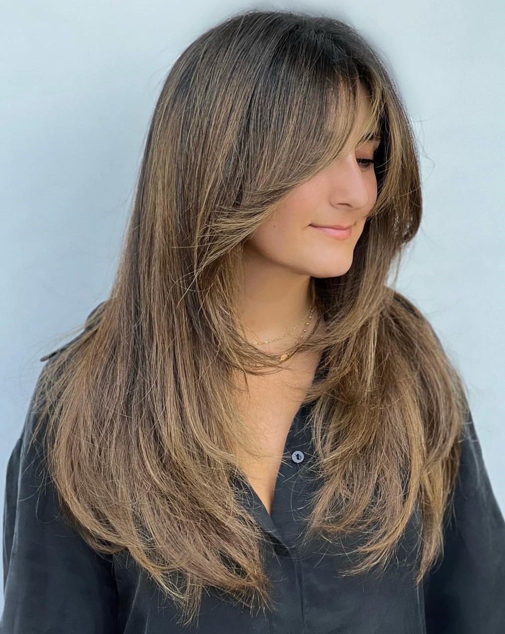 Long Textured Brunette Hair with Bangs