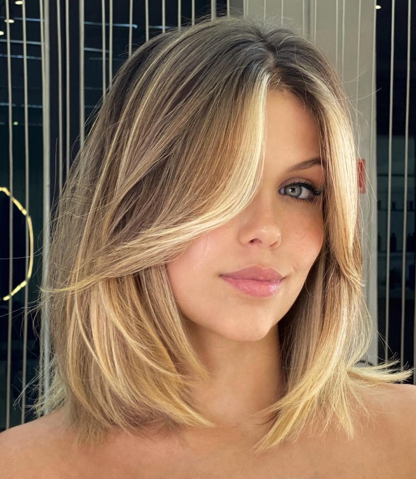 Blonde Lob with Long Face-Framing Bangs