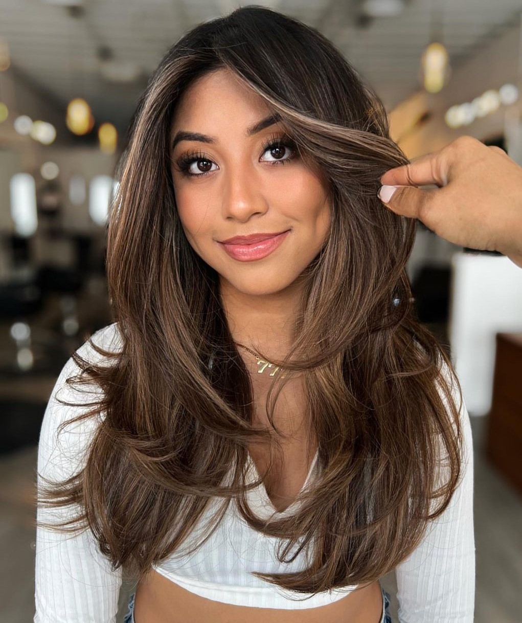 Long Money Piece Hair with Layers
