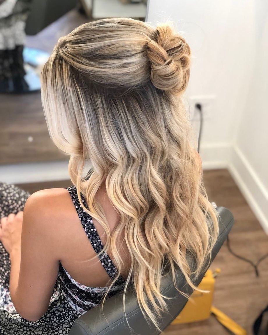 Easy Wavy Hairstyle with Half-Up Bun